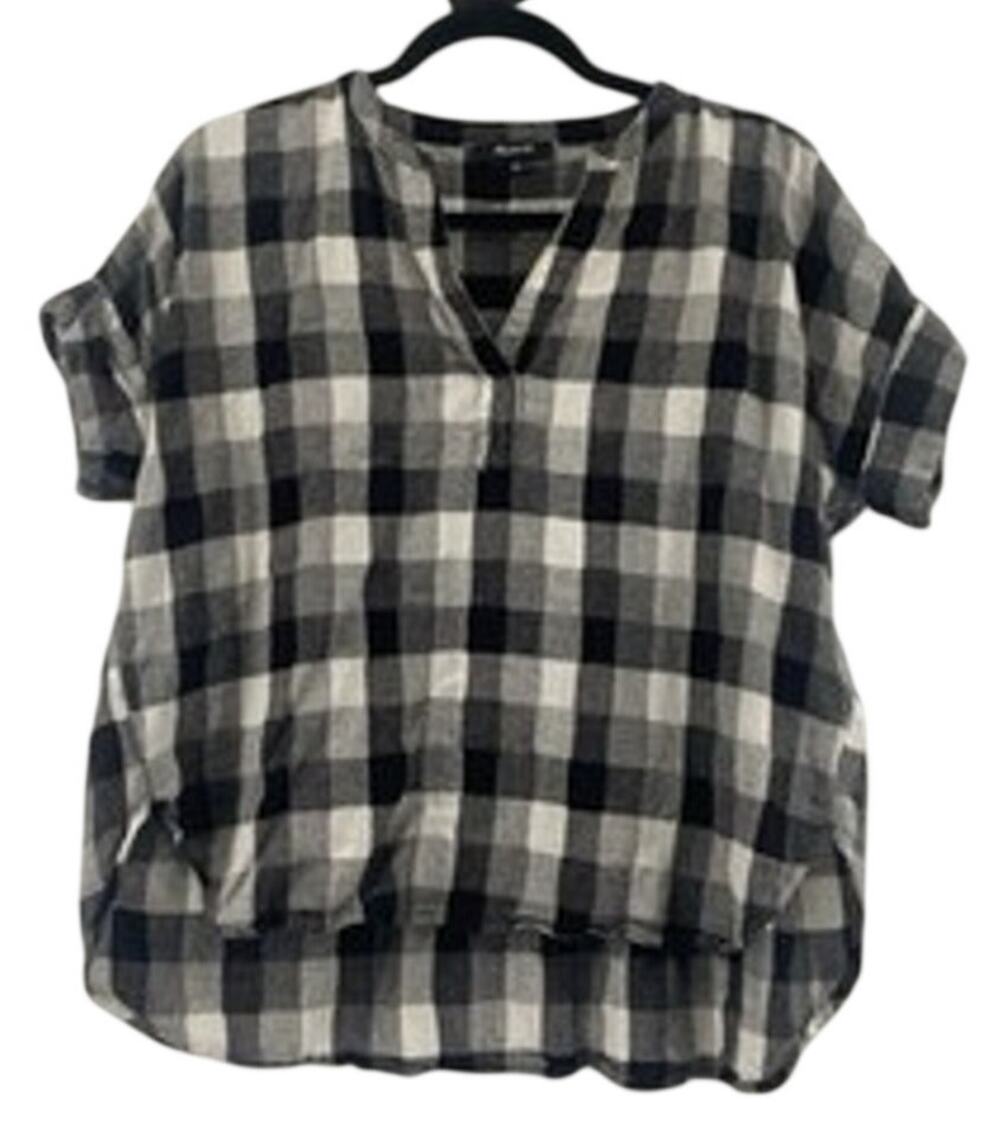 Madewell Plaid Collared Rolled Short Sleeve Blouse Black White Women’s